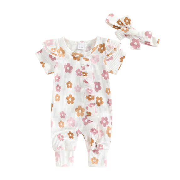 Yunliwuli Baby Girls Rompers Floral Print Fly Sleeve Round Neck Frills Infant Bodysuits Summer Clothes with Headband