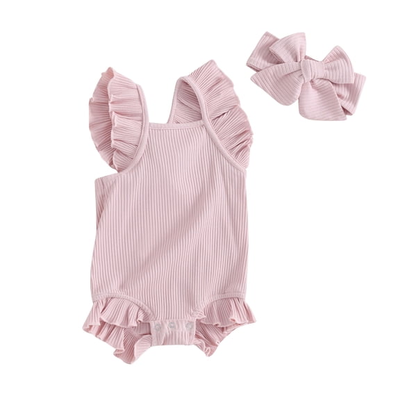 Yunliwuli Baby Girls Summer Casual Romper Flying Sleeve Solid Color Ruffle Romper with Headband