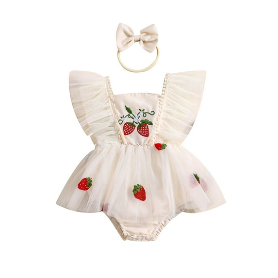 Yunliwuli Baby Girls Summer Romper Dress Flying Sleeve Strawberry Embroidery Romper with Headband