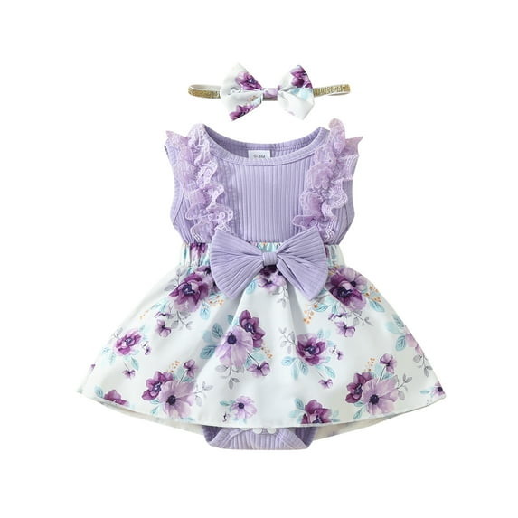 Yunliwuli Baby Girls Summer Romper Dress Infant Sleeveless Floral Print Patchwork Romper with Headband