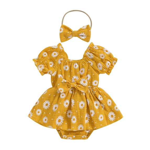 Yunliwuli Baby Girls Summer Romper Dress Short Sleeve Daisy Print Sweet Romper with Headband