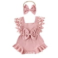 thumbnail image 1 of Yunliwuli Baby Girls Summer Romper Infant Lace Sleeve Round Neck Ruffle Romper with Headband, 1 of 10