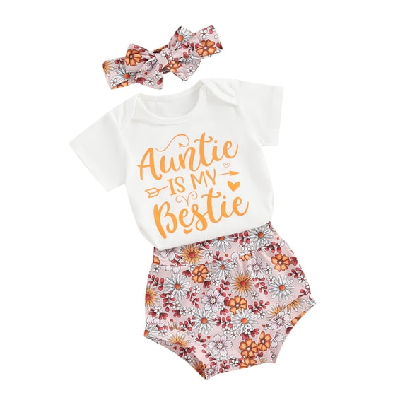 Yunliwuli Baby Girls Summer Shorts Sets Short Sleeve Letter Print Romper Floral Print PP Shorts Headband Sets