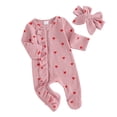 thumbnail image 1 of Yunliwuli Baby Girls Valentine's Day Jumpsuit Long Sleeve Crew Neck Heart Print Ruffle Zipper Romper with Headband, 1 of 10