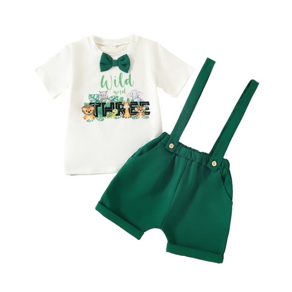 Yunliwuli Baby Kid Boys Shorts Set, Letters Animal Print Romper/T-shirt with Solid Overall Shorts Summer Outfit