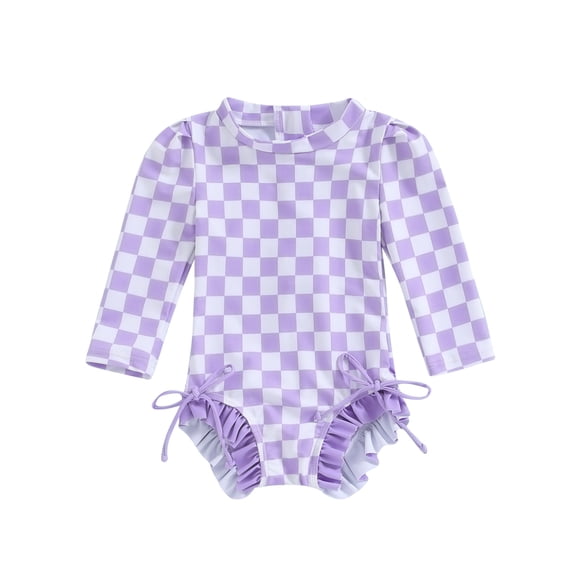 Yunliwuli Girls Bikini Beach Swimwear Long Sleeve Checkerboard Print Ruffle Romper Bathing Suit
