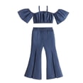 thumbnail image 1 of Yunliwuli Girls Summer 2PCS Pants Sets Short Sleeve Off Shoulder Tops Denim Flared Pants Sets, 1 of 10