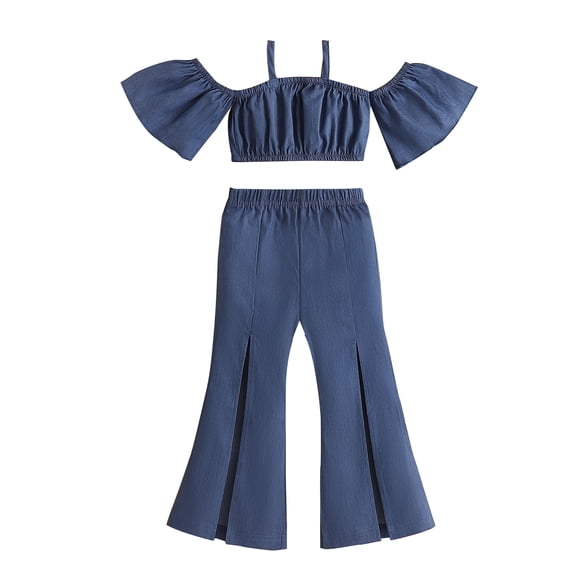 Yunliwuli Girls Summer 2PCS Pants Sets Short Sleeve Off Shoulder Tops Denim Flared Pants Sets