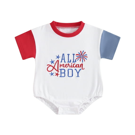 Yunliwuli Infant Baby Boy 4th of July Jumpsuit Letter Star Embroidery Short Sleeve Round Neck Romper