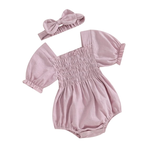 Yunliwuli Infant Baby Girl Summer Jumpsuit Solid Color Short Sleeve Square Neck Shirred Romper with Bow Headband