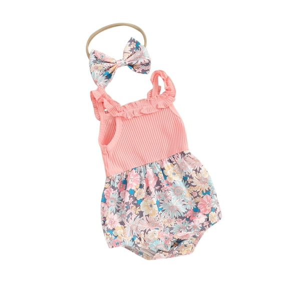 Yunliwuli Infant Baby Girl Summer Jumpsuit with Bow Headband Sleeveless Flower Print Patchwork Romper Set