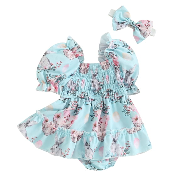 Yunliwuli Infant Baby Girls Easter Romper Dress Bunny Floral Print Short Sleeve Jumpsuit with Headband