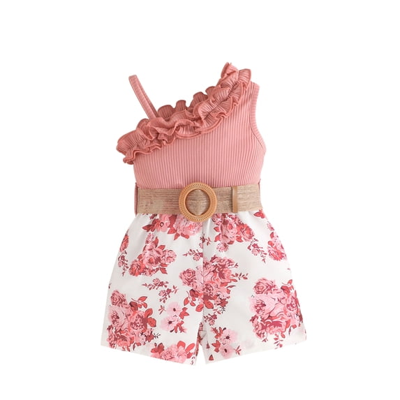 Yunliwuli Kid Girls Jumpsuit, Sleeveless Ruffled Flower Print Romper Clothes with Belt for Casual Daily