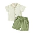 thumbnail image 1 of Yunliwuli Kids Boys Summer Outfits Solid Color Turn-Down Collar Short Sleeve Shirts and Elastic Waist Shorts 2Pcs Clothes Set, 1 of 10