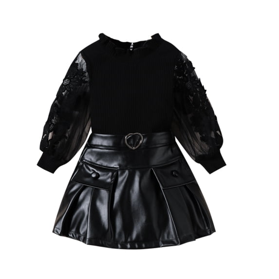 Yunliwuli Kids Girl Fall Outfits Flower Embroidery Mesh Long Sleeve Tops and PU Leather Mini Skirts 2Pcs Clothes Set