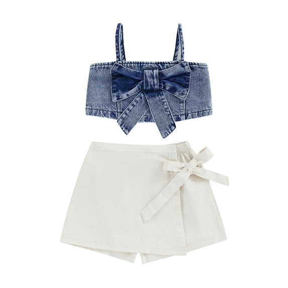 Yunliwuli Kids Girls Summer 2-piece Outfit Solid Color Sleeveless Bow Denim Camisole and Elastic Casual Skirt Shorts Set