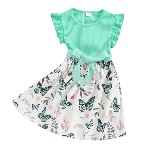 Yunliwuli Little Girl 2 Piece Summer Outfits Round Neck Fly Sleeve Ribbed Butterfly Print Dress + Solid Color Belt Set
