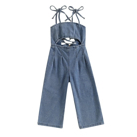 Yunliwuli Little Girl Sleeveless Denim Jumpsuit Solid Color Tie Shoulder Strap Cut Out Wide Leg Overalls Romper