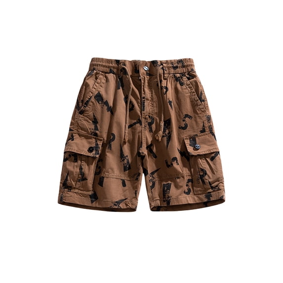 Yunliwuli Men Cargo Shorts, Elastic Waist Button Zipper Closure Letters Print Summer Shorts Streetwear with Pockets