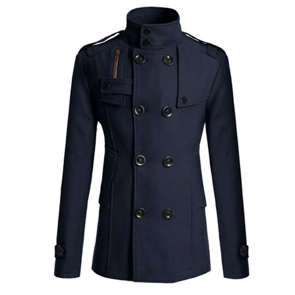 Yunliwuli Men's Solid Color Trench Coat, Long Sleeve Stand Collar Double Breasted Slim Warm Soft Wool Overcoat