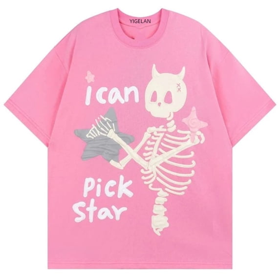 Yunliwuli Men's Summer Loose T-Shirt SkullStarLetter Print Short Sleeve Crew Neck Casual Tops Streetwear