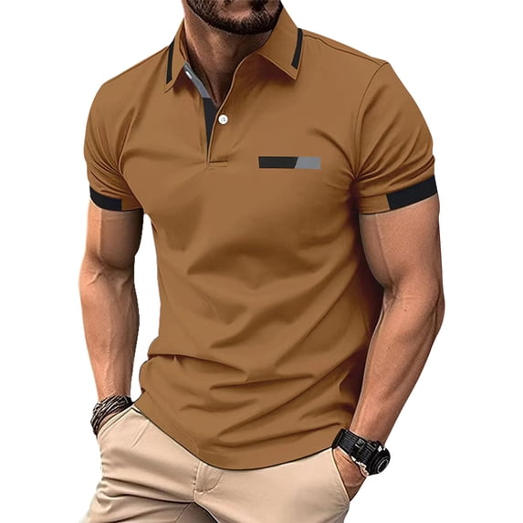 Yunliwuli Men's Turn Down Collar T-Shirt Contrast Color Short Sleeve Fitted Tops Casual Streetwear for Summer