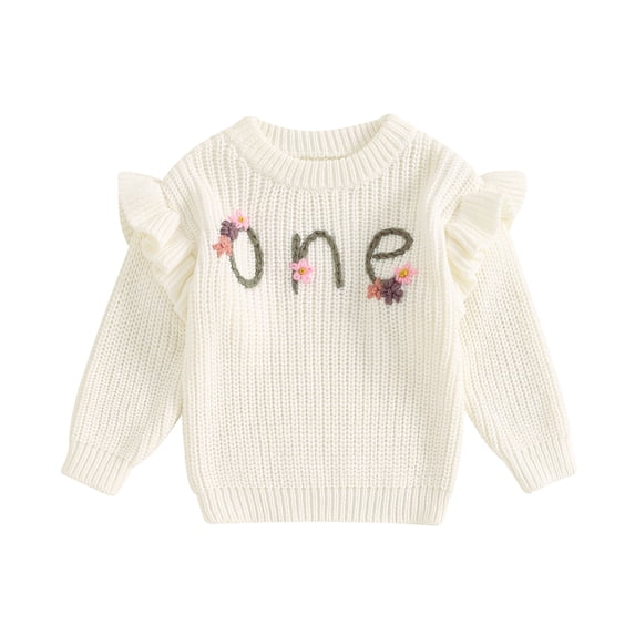 Yunliwuli Newborn Baby Girl Birthday Sweater Casual Floral Letter Embroidery Warm Knitted Pullover Infant Knitwear for Toddler