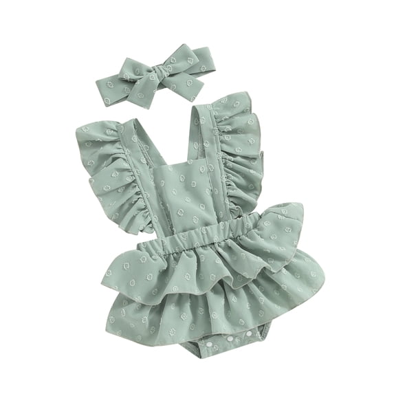 Yunliwuli Newborn Girl Outfit, Fly Sleeve Square Neck Swiss Dots Layered Romper Dress with Hairband Summer Clothes