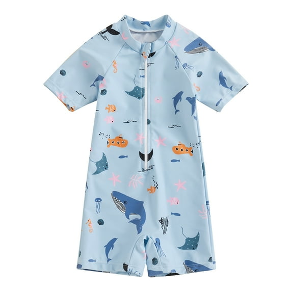 Yunliwuli Toddler Baby Summer Bikini Jumpsuit, Marine Life Print Short Sleeve Round Neck Front Zipper Shorts Swimsuit