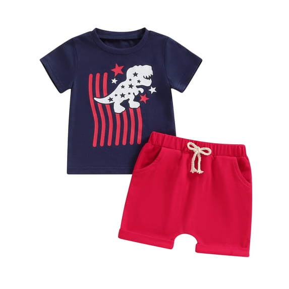 Yunliwuli Toddler Boy 4th of July Outfit Dinosaur Stripe Print Short Sleeve Tops with Solid Color Shorts for Summer