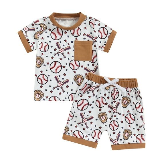 Yunliwuli Toddler Boy Baseball Outfit Short Sleeve Round Neck Pocket T-Shirt with Elastic Waist Shorts