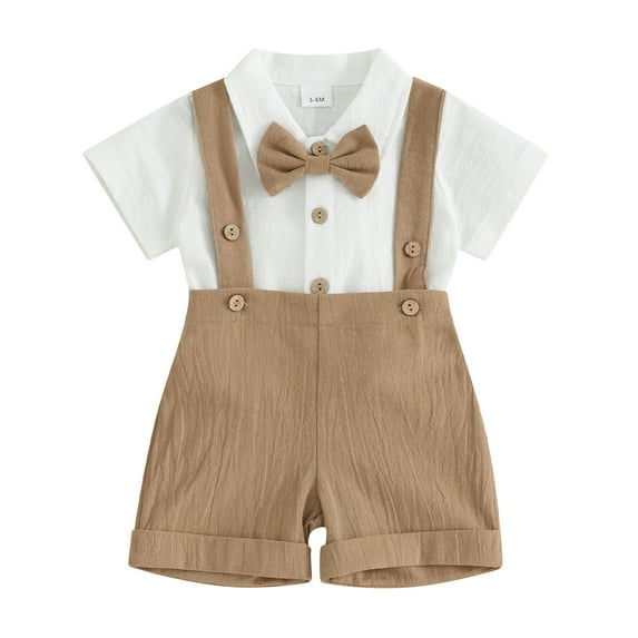 Yunliwuli Toddler Boy Gentleman Outfit Solid Color Short Sleeves Romper with Bow Tie and Overalls Shorts Set for Formal Wear
