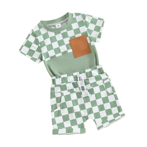 Yunliwuli Toddler Boy Summer Clothes Checkerboard Print Short Sleeve T-Shirt with Elastic Waist Shorts 2Pcs Outfit