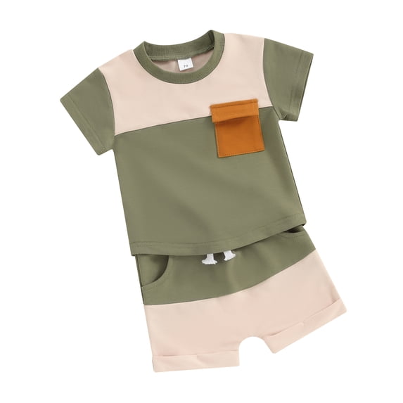 Yunliwuli Toddler Boy Summer Clothes Contrast Color Short Sleeve Pocket T-Shirt with Elastic Waist Shorts 2Pcs Outfit