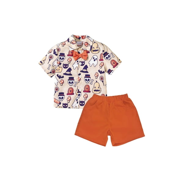 Yunliwuli Toddler Boys Halloween Outfits Bowtie Ghost Pumpkin Print Turn-Down Collar Short Sleeve Shirts Tops Shorts 2Pcs Clothes Set