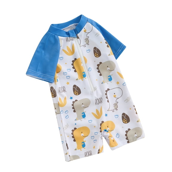 Yunliwuli Toddler Boys Rash Guard Swimwear Cartoon Marine Organisms Print Short Sleeve Swimsuits Front Zipper Bathing Suits