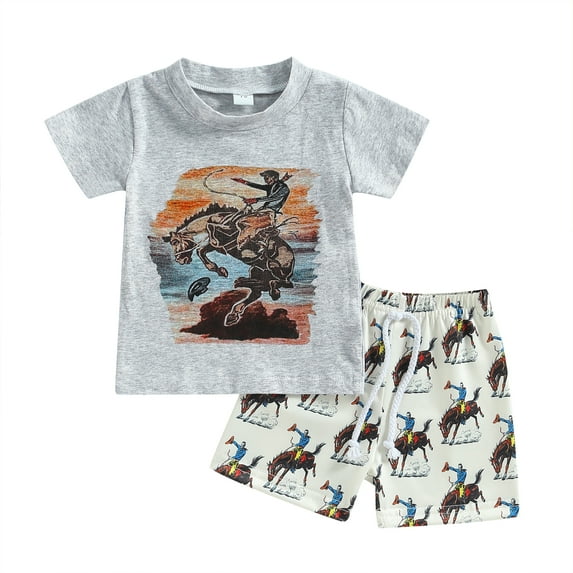 Yunliwuli Toddler Boys Summer Outfits Western Cow Print Short Sleeve T-shirt and Casual Elastic Shorts Set