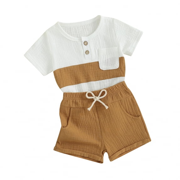 Yunliwuli Toddler Boys Summer Shorts Sets Short Sleeve Contrast Color Tops and Solid Color Shorts Sets