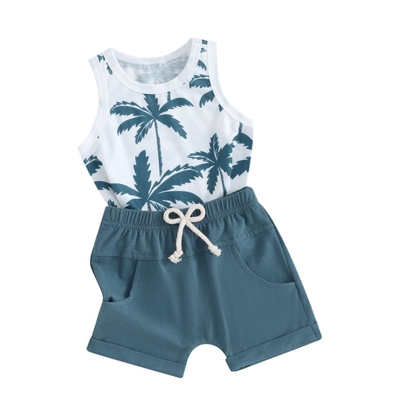 Yunliwuli Toddler Boys Summer Shorts Sets Sleeveless Tropical Tree Print Tank Tops and Solid Color Shorts Sets