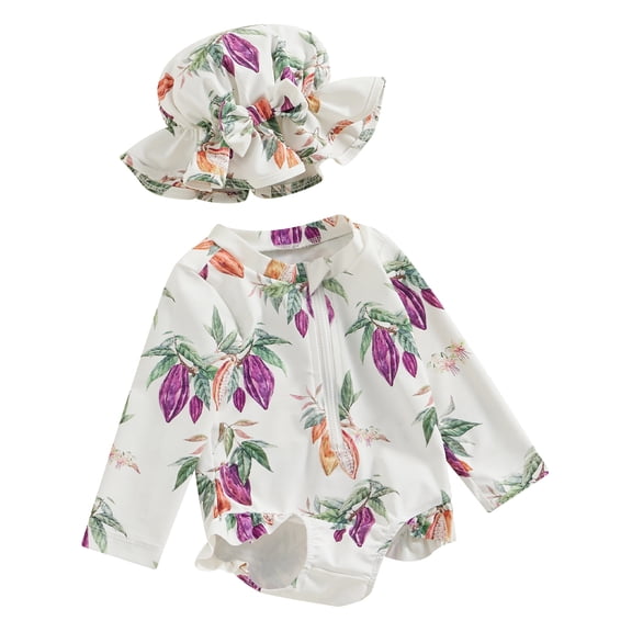 Yunliwuli Toddler Girl Rash Guard Swimsuit Cute Fruit Print Long Sleeve Bathing Suit Infant Swimwear with Sun Hat