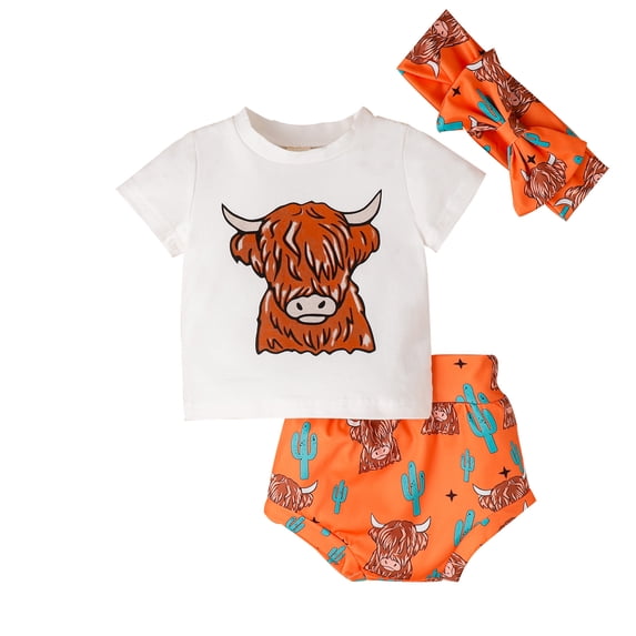 Yunliwuli Toddler Girl Summer Outfit Cow Head Print Short Sleeve T-Shirts Tops Shorts Headband 3Pcs Clothes Set