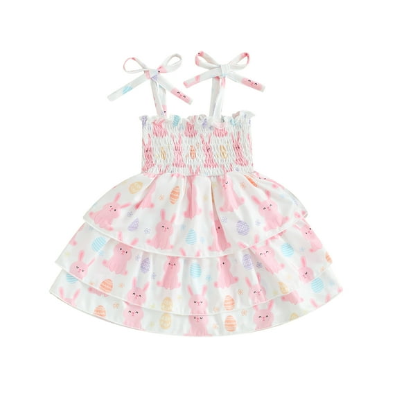 Yunliwuli Toddler Girls Easter Dress Rabbit Print Tie-Up Spaghetti Strap Sleeveless Ruched Baby Dress Summer Casual Princess Dress