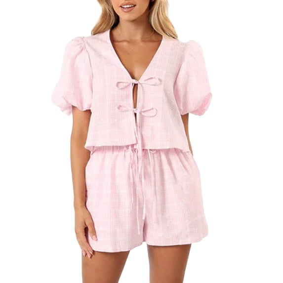 Yunliwuli Women 2 Piece Outfits Plaid Print Tie Front Short Sleeves Tops and Elastic Shorts Club Streetwear Fashion Clothes
