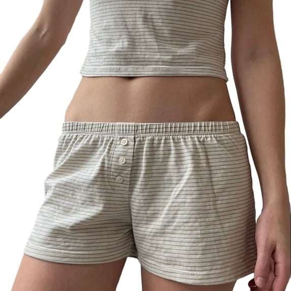 Yunliwuli Women 2 Piece Pajama Set Striped Print Crop Camisole and Elastic Shorts for Loungewear Soft Sleepwear for Nightwear