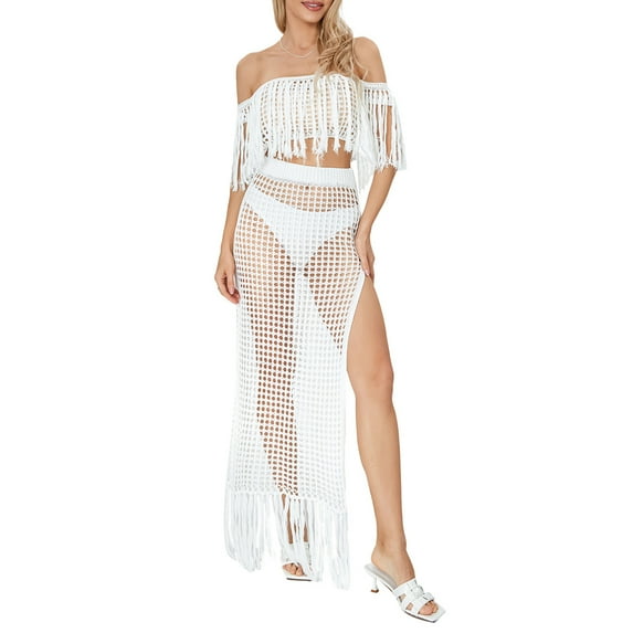 Yunliwuli Women 2 Pieces Beachwear Outfits Solid Color Hollow-Out Tassel Off Shoulder Cover-Ups Slit High Waist Sarong Long Skirts Set