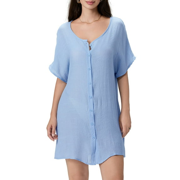 Yunliwuli Women Bikini Cover-Ups Solid Color Crew Neck Short Sleeve Button-Down Summer Shirts Mini Beach Dress