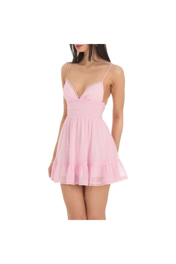 Women Cami Dress Swiss Dot V-Neck Spaghetti Strap Sleeveless Mini Dress A-line Dress Summer Tie-Up Backless Dress