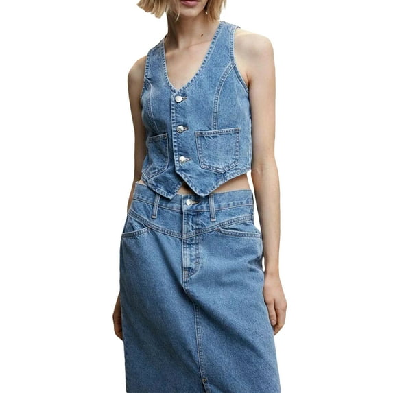 Yunliwuli Women Denim Vest, Sleeveless V Neck Button Vest Outwear Gilet with Pockets for Casual Street