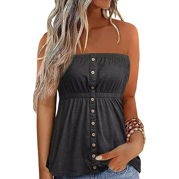 Yunliwuli Women Fashion Tube Tops Solid Color Buttons Strapless Boat-Neck Wrap Chest Tank Tops Summer Bandeau Tops