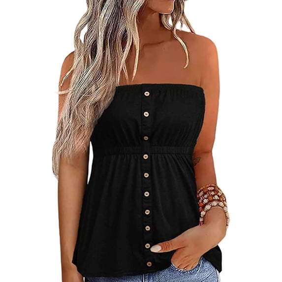 Yunliwuli Women Fashion Tube Tops Solid Color Buttons Strapless Boat-Neck Wrap Chest Tank Tops Summer Bandeau Tops